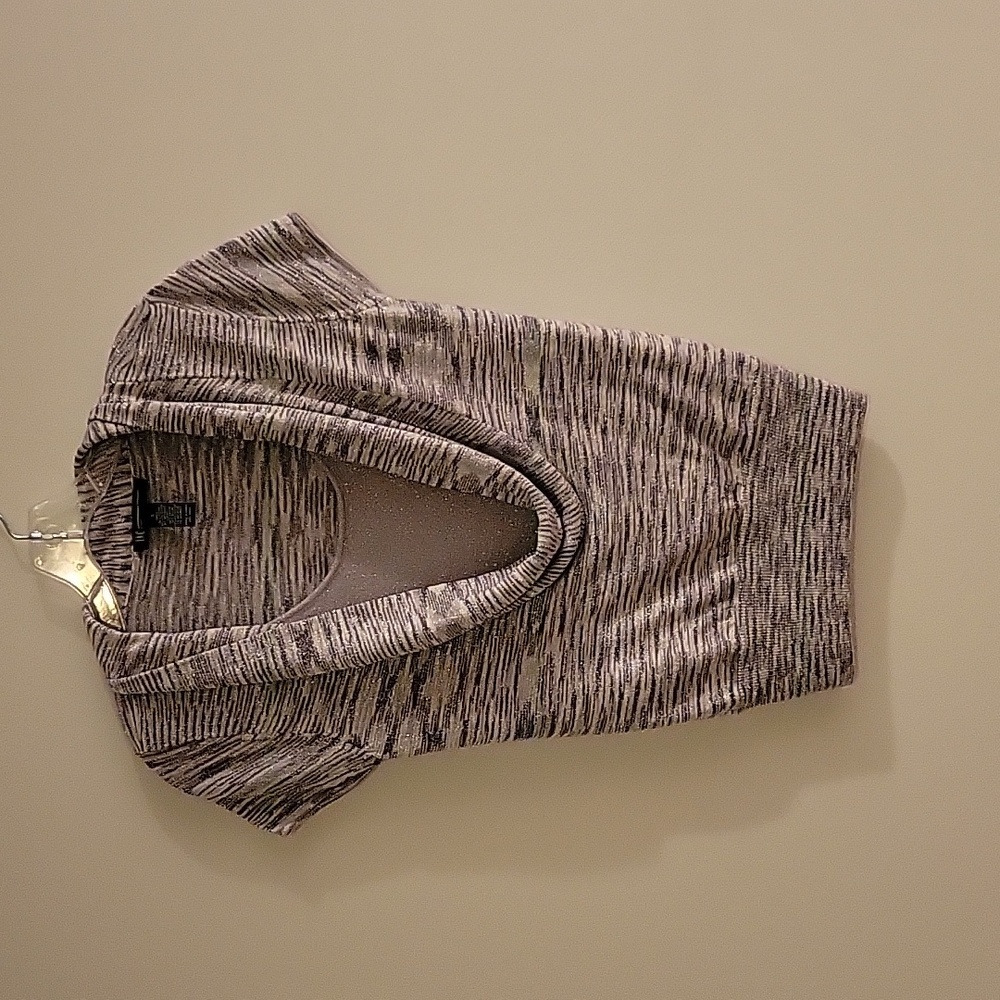 INC Petite Shimmer Light Silver Neutral Plunge  Cowl Neck Career Top Medium
